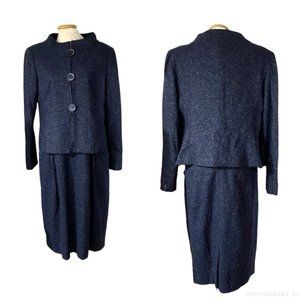 Lafayette 148 2pc Wool Blend Navy Blue Dress Set Cropped Jacket size 14